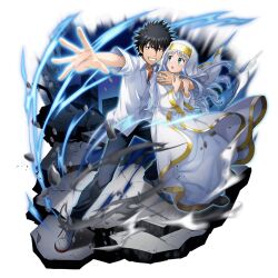 1boy 1girl a_certain_high_school_uniform arm_around_shoulder artist_request aura black_eyes black_hair black_pants blue_aura building city cityscape clenched_teeth collared_shirt commentary debris dress_shirt foreshortening full_body game_cg grand_summoners green_eyes hair_between_eyes hand_on_own_arm hands_on_another's_arm imagine_breaker index_(toaru_majutsu_no_index) kamijou_touma looking_at_another looking_at_viewer looking_to_the_side nun nun_headdress official_art orange_shirt outstretched_arm pants parted_lips reaching reaching_towards_viewer robe rubble school_uniform shirt shoes side-by-side skyscraper sneakers spiky_hair spread_legs standing summer_uniform teeth toaru_majutsu_no_index transparent_background undershirt untucked untucked_shirt v-shaped_eyebrows white_hair white_robe white_shirt white_shoes wind wind_lift 