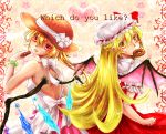  bat_wings blonde_hair cosplay costume_switch crossover doughnut dress flandre_scarlet flandre_scarlet_(cosplay) hat long_hair monogatari_(series) mouth_hold oshino_shinobu oshino_shinobu_(cosplay) red_eyes short_hair side_ponytail soushi_(shio040) touhou wings yellow_eyes 