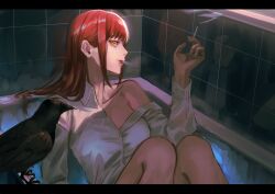  1girl absurdres bird bonjindaaa breasts chainsaw_man cigarette collared_shirt commentary_request crow highres holding holding_cigarette in_bathtub long_hair makima_(chainsaw_man) medium_breasts orange_eyes parted_lips red_hair red_lips ringed_eyes shirt shirt_partially_removed sidelocks single_bare_shoulder smoke smoking straight_hair tile_wall tiles white_shirt window 
