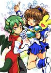  2girls :d ;d arle_nadja arm_up armor armored_dress brown_hair carbuncle_(puyopuyo) china_dress chinese_clothes clenched_hand creature draco_centauros dragon_tail dragon_wings elbow_gloves gloves green_hair half_updo horns index_finger_raised looking_back madou_monogatari multiple_girls open_mouth pants pointy_ears puyopuyo shoes short_hair skirt smile star starry_background tail takohati white_gloves wings wink wrist_cuffs yellow_eyes 
