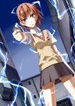  1girl akito brown_eyes brown_hair coin electricity misaka_mikoto school_uniform short_hair shorts to_aru_kagaku_no_railgun to_aru_majutsu_no_index 