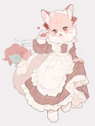  1girl animal_ear_fluff animal_ears apron aqua_bow arm_up body_fur bow bright_pupils brown_dress buttons commentary commission dress english_text fangs frilled_apron frilled_dress frills full_body furry furry_female gomafuto grey_background heart highres maid_headdress multicolored_bow neck_fur open_mouth original pawpads pink_bow plaid_clothes plaid_dress red_eyes short_eyebrows simple_background skeb_commission skirt_hold sleeve_cuffs solo tail tail_bow tail_ornament watermark 