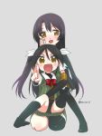  2girls black_hair blush chikuma_(kantai_collection) gloves hair_ribbon hand_on_own_cheek hug kantai_collection ko_ru_ri long_hair looking_at_viewer multiple_girls open_mouth personification pointing ribbon siblings sisters sitting sitting_on_lap sitting_on_person thigh-highs tone_(kantai_collection) twintails yellow_eyes 