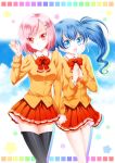  2girls black_legwear blue_eyes blue_hair blush bow breasts digital_media_player earphones isumi_(i-spixi) long_hair looking_at_viewer multiple_girls open_mouth own_hands_together pink_eyes pink_hair school_uniform shared_earphones short_hair side_ponytail skirt smile thighhighs 