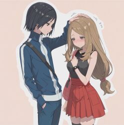  1boy 1girl absurdres bag black_hair black_shirt blonde_hair blue_jacket blue_pants blush breasts calem_(pokemon) closed_mouth collared_shirt commentary_request embarrassed flying_sweatdrops grey_eyes hand_in_pocket hand_on_own_chest headpat height_difference high-waist_skirt highres jacket long_hair long_sleeves looking_at_another looking_down low-tied_long_hair medium_breasts mega_ring motion_lines n1000sec nose_blush outline pants pink_bag pleated_skirt pokemon pokemon_xy profile red_skirt serena_(pokemon) shirt short_hair shoulder_bag simple_background skirt sleeveless sleeveless_shirt standing sweatdrop turtleneck turtleneck_jacket very_long_hair white_outline yellow_background 