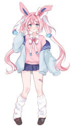 1girl animal_ears bandaid bandaid_on_leg black_shoes blue_eyes blue_jacket blue_nails blue_skirt blush bow breasts cardigan closed_mouth collared_shirt commentary_request ear_bow fingernails full_body hair_intakes highres jacket leg_warmers long_hair long_sleeves looking_at_viewer nail_polish nikoo personification pigeon-toed pink_bow pink_cardigan pink_hair pink_nails pleated_skirt pokemon pokemon_pokopia shirt shoes simple_background single_sleeve_past_fingers single_sleeve_past_wrist skirt smile solo sylveon thighs twintails two-tone_bow white_background white_bow white_leg_warmers white_shirt 