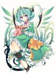  1girl aqua_hair astaroth_(p&amp;d) doll dress green_dress highres leeannpippisum looking_at_viewer open_mouth puzzle_&amp;_dragons short_hair solo violet_eyes wings 