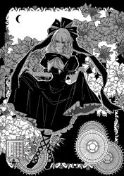  1girl atelier_tefu closed_mouth commentary_request dress flower frilled_dress frills front_ponytail full_body greyscale hair_ribbon highres kagiyama_hina long_hair looking_at_viewer monochrome puffy_short_sleeves puffy_sleeves ribbon short_sleeves skirt_hold smile solo standing touhou 