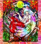  1girl absurdly_long_hair armband autumn_leaves bamboo boots bow clouds dress_shirt frame fujiwara_no_mokou full_moon hair_bow hand_in_pocket leaf long_hair long_sleeves looking_at_viewer maple_leaf moon night night_sky ofuda pants rainbow_hair raised_hand red_eyes shirt sky solo sun_(sunsun28) suspenders touhou very_long_hair wooden_fence 