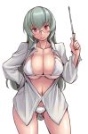  1girl bikini blush breasts cleavage glasses large_breasts long_hair looking_at_viewer open_clothes open_shirt red_eyes rozen_maiden silver_hair smile solo suigintou swimsuit tsuda_nanafushi 