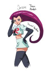  black_thighhighs commentary earrings elbow_gloves english_commentary gloves hair_slicked_back highres jessie_(pokemon) jewelry long_hair looking_at_viewer midriff pokemon pokemon_(anime) pokemon_(classic_anime) single_letter sphere_earrings team_rocket team_rocket_uniform thigh-highs trassel_vardias very_long_hair zettai_ryouiki 
