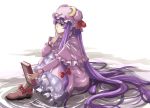  1girl book boots bow capelet crescent dress hair_ribbon hat head_rest highres long_hair mr.dark patchouli_knowledge purple_hair ribbon sitting solo touhou violet_eyes 