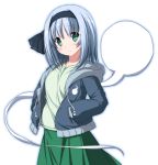  1girl alternate_costume blush contemporary fashion green_eyes hairband hands_in_pockets hitodama konpaku_youmu konpaku_youmu_(ghost) looking_at_viewer nori_tamago short_hair silver_hair skirt smile solo touhou 