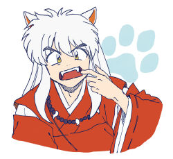  1boy animal_ears bead_necklace beads commentary_request dog_boy dog_ears fangs hair_between_eyes hakama hand_in_mouth highres inuyasha inuyasha_(character) japanese_clothes jewelry long_hair male_focus necklace nmnm_bbb paw_print red_hakama solo upper_body v-shaped_eyebrows white_hair yellow_eyes 