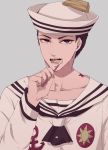  1boy aju222 black_hair blue_eyes brushing_teeth dixie_cup_hat hat higashikata_jousuke_(jojolion) jojo_no_kimyou_na_bouken jojolion sailor solo toothbrush 