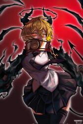  1girl black_claws black_halo black_necktie black_skirt black_thighhighs blonde_hair breasts cape chain collar demon_girl demon_tail don_quixote_(project_moon) halo highres horns index_(identity)_(project_moon) limbus_company looking_at_viewer necktie procuration_(e.g.o) project_moon shirt short_hair skirt solo tail thigh-highs tooconfused white_shirt yellow_eyes 