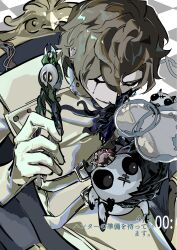  1boy closed_eyes closed_mouth commentary_request finsen_hunter gloves highres identity_v lab_coat male_focus pale_skin pet pincers seramuko short_hair sitting white_gloves 
