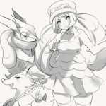  1girl bare_shoulders braixen breasts character_request dress hat lineart monochrome naso4 pokemon pokemon_(creature) pokemon_(game) pokemon_xy scarf serena_(pokemon) stick strapless_dress sunglasses sunglasses_on_head thigh-highs twintails v 