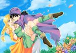  1boy 1girl :d bianca black_hair blonde_hair blue_eyes blush boots bracelet braid breasts cape carrying choker cleavage couple defense_zero dragon_quest dragon_quest_v dress earrings flower grey_eyes hero_(dq5) jewelry long_hair open_mouth princess_carry ring single_braid smile turban 