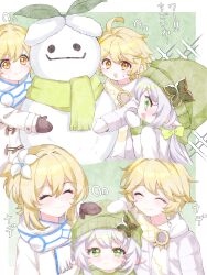  1boy 2girls ^_^ aether_(genshin_impact) beanie black_mittens blonde_hair blush bow brother_and_sister closed_eyes closed_mouth commentary_request flower genshin_impact green_bow green_eyes green_hat green_scarf hair_between_eyes hair_bow hair_flower hair_ornament hat headpat highres long_sleeves lumine_(genshin_impact) mittens moco_(moco_8854) multiple_girls nahida_(genshin_impact) open_mouth pointy_ears scarf short_hair_with_long_locks siblings small_sweatdrop smile snowman star-shaped_pupils star_(symbol) symbol-shaped_pupils white_flower white_hair white_mittens yellow_eyes 