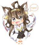  1girl ahoge brown_hair chibi double_bun hairband highres kantai_collection kongou_(kantai_collection) long_hair looking_at_viewer nontraditional_miko open_mouth ribbon_trim shirasagi_rokuwa skirt smile solo white_background 