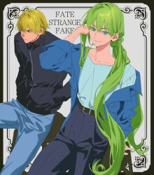  1boy 1other androgynous blonde_hair blue_eyes chair denim enkidu_(fate) fate/strange_fake fate_(series) gilgamesh_(fate) green_hair grey_background hands_in_pockets hashtag-only_commentary highres jacket jeans long_hair ojing_oppa_(o_b_s_00) on_chair pants ponytail red_eyes shirt short_hair sitting smile 