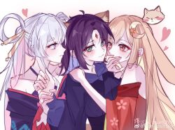  3girls absurdres animal_ears bare_shoulders blonde_hair blue_eyes blush chinese_commentary cho_kaguya-hime! commentary_request crescent crescent_hair_ornament extra_ears fish-monster fox_ears fox_girl green_eyes hair_ornament hand_on_another's_shoulder heart highres holding_another's_wrist japanese_clothes kaguya_(cho_kaguya-hime!) kimono long_hair lop_rabbit_ears multiple_girls orange_eyes purple_hair purple_kimono rabbit_ears rabbit_girl red_kimono runami_yachiyo sakayori_iroha short_hair tail watermark weibo_username weibo_watermark white_hair yuri 