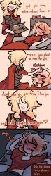  2girls abstract_background absurdres armor bed blonde_hair bread breasts centurii-chan centurii-chan_(character) closed_eyes commentary dreaming english_commentary english_text fever food hair_over_eyes heart highres long_hair midriff_peek multiple_girls original roman_armor short_hair sick sleep_talking sleeping soup spoken_heart talking wiping_forehead 