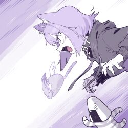  1girl absurdres animal_ear_fluff animal_ears cat_ears cat_girl cocomayo29_(tomato) commentary_request fang from_side highres hololive hood hoodie korean_commentary nekomata_okayu nekomata_okayu_(1st_costume) okanyan_(nekomata_okayu) onigirya_(nekomata_okayu) open_mouth purple_hair running violet_eyes virtual_youtuber 