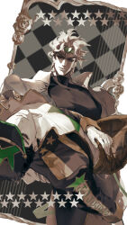  2boys absurdres baseball_cap black_hair black_shirt blonde_hair brown_coat brown_hat brown_pants carrying chinese_commentary closed_eyes coat commentary_request dio_brando earrings green_headband grey_jacket hat headband highres jacket jewelry jojo_no_kimyou_na_bouken kujo_jotaro long_coat long_sleeves male_focus multiple_boys muted_color open_clothes open_coat pants princess_carry recolored shirt star_(symbol) star_print stardust_crusaders stone_ocean time_paradox turtleneck turtleneck_shirt vetania white_background white_shirt 