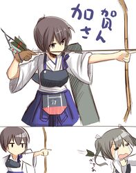  brown_eyes brown_hair comic highres japanese_clothes kaga_(kantai_collection) kantai_collection muneate pleated_skirt side_ponytail skirt translated twintails zuikaku_(kantai_collection) 