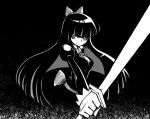  1girl black_hair blue_eyes bow breasts hair_bow hime_cut long_hair monochrome namaco panty_&amp;_stocking_with_garterbelt solo spot_color stocking_(psg) sword weapon 