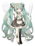  1girl chitetan detached_sleeves fork green_eyes green_hair hatsune_miku headphones long_hair maid simple_background single_thighhigh skirt sleeves_past_wrists solo spoon thighhighs twintails very_long_hair vocaloid white_background 
