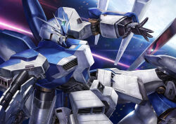  1980s_(style) 1990s_(style) absurdres artist_request battle beam_rifle char's_counterattack char's_counterattack_-_beltorchika's_children earth_federation energy_beam energy_gun explosion fin_funnels glowing glowing_eye gundam hi-nu_gundam highres mecha mecha_focus mobile_suit nightingale_(gundam) no_humans one-eyed realistic reflection retro_artstyle robot science_fiction signature space v-fin weapon when_you_see_it zero_gravity 