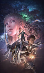  1girl 2boys absurdres alyzeus axis_(gundam) beam_rifle bobadd char's_counterattack commentary_request earrings earth_(planet) energy_gun flight_suit gigi_andalusia gundam gundam_hathaway's_flash hathaway_noa highres jewelry kenneth_sleg light_particles mecha missile mobile_suit_gundam multiple_boys nu_gundam penelope_(hathaway's_flash) planet quess_paraya robot sazabi weapon xi_gundam 