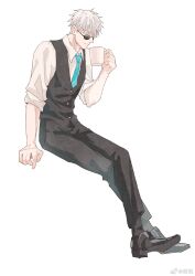  1boy aqua_eyes aqua_necktie black_pants black_shoes black_socks black_vest closed_mouth collared_shirt cup eyes_visible_through_hair from_side gojou_satoru hair_over_eyes highres holding holding_cup jujutsu_kaisen long_sleeves necktie nose pants shirt shoes short_hair simple_background sleeves_rolled_up socks sunglasses vest white_background white_hair white_shirt zhishuo418 