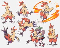  1girl 1other absurdres bandana bike_shorts black_shorts breasts brown_hair claws closed_eyes closed_mouth colored_sclera combusken commentary english_commentary fanny_pack fire furry green_bandana highres holding holding_pokemon hug jacket kicking may_(pokemon) open_mouth orange_jacket orange_sclera peegeray pokemon pokemon_(creature) pokemon_emerald pokemon_rse running shirt shorts sleeveless smile torchic 