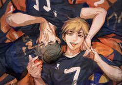  2boys ball blonde_hair brothers commentary fox_shadow_puppet grey_eyes grey_hair haikyuu!! hands_on_own_face highres male_focus miya_atsumu miya_osamu multiple_boys short_hair siblings sportswear tongue tongue_out twins untranslatable_commentary upper_body volleyball_(object) volleyball_uniform yellow_eyes yud79317724 