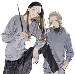  2boys absurdres adjusting_hair aqua_hair baton_(weapon) black_hair black_nails black_pants blonde_hair braid brothers chamuring clothes_around_waist earrings expandable_baton grey_hoodie grey_sweater grin haitani_ran haitani_rindou highres hood hoodie jewelry long_hair long_sleeves looking_at_viewer looking_to_the_side male_focus medium_hair multicolored_hair multiple_boys nail_polish pants plaid_clothes plaid_shirt shirt shirt_around_waist siblings simple_background single_earring smile streaked_hair sweater tokyo_revengers twin_braids two-tone_hair violet_eyes weapon white_background 