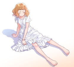  1girl arm_support barefoot bracelet brown_hair closed_eyes closed_mouth commentary_request dress feet frilled_dress frills full_body gradient_background highres ito_fumi jewelry josee_(joseetora) josee_to_tora_to_sakana-tachi shadow short_bangs short_sleeves sitting skirt_hold solo toenails toes wavy_hair white_dress 