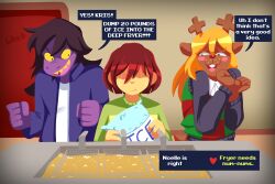  1other 2girls absurdres androgynous animal_ears antlers black_eyes blonde_hair blush brown_hair buck_teeth checkered_sweater_vest closed_mouth collared_jacket collared_shirt colored_sclera colored_skin commentary deep_fry_basket deep_fryer deer_ears deer_tail deltarune english_commentary english_text freckles furry furry_female green_sweater highres horns ice_bag indoors jacket kris_(deltarune) long_hair long_sleeves multiple_girls no_eyes noelle_holiday open_mouth purple_jacket purple_skin reindeer_antlers reindeer_girl robablo shaded_face sharp_teeth shirt short_hair speech_bubble susie_(deltarune) sweater t-shirt tail teeth tongue upper_teeth_only utdr_(toby_fox) white_shirt yellow_sclera yellow_skin 