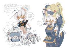  0o_with_me 4girls blindfold blonde_hair blush chibi goggles greyscale hair_between_eyes hashtag-only_commentary heart highres hug long_hair monochrome multiple_girls multiple_views orange_hair orphie_magnusson ponytail seed_(zenless_zone_zero) smile soldier_11_(zenless_zone_zero) trigger_(zenless_zone_zero) white_background yuri zenless_zone_zero 