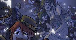  5girls 6+boys adapted_costume animal_ears aqua_hair black_dress black_eyes blue_necktie cat_ears cat_tail cobalt_scar_(e.g.o) commentary_request dress e.g.o_(project_moon) employee_(project_moon) extra_arms green_hair grey_dress grey_veil halloween horns in_the_name_of_love_and_hate_(e.g.o) lobotomy_corporation looking_at_viewer low_twintails mask mismatched_sclera multiple_boys multiple_girls mummy_costume necktie nugget_(project_moon) open_mouth pink_eyes project_moon short_hair smile sound_of_a_star_(e.g.o) sparkling_eyes tail twintails veil wei_qie_zaisheng white_eyes 