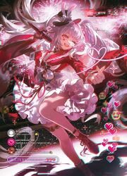  1girl arm_up bell black_gloves black_hat black_shoes braid breasts butterfly-shaped_pupils clothing_cutout dancing diamond_(shape) diamond_facial_mark diamond_on_cheek dress emoji facial_mark finger_heart fireworks floating_hair floating_ribbon frilled_dress frilled_shirt frilled_skirt frilled_sleeves frills gloves hand_up hat hat_ornament heart heart_facial_mark heart_on_cheek heart_print highres holding holding_microphone honkai:_star_rail honkai_(series) jessica_wijaya laughing livestream long_hair looking_at_viewer mark_under_both_eyes microphone mini_hat mini_top_hat multicolored_hair music one_eye_closed open_mouth pink_eyes poker rabbit_ear_headwear rabbit_hat_ornament red_ribbon red_shirt ribbon shirt shoes shoulder_cutout singing single_glove skirt smile solo sparkle_(honkai:_star_rail) sparxie_(honkai:_star_rail) spotlight stage supplicant_mask symbol-shaped_pupils teeth thigh_strap thumbs_up thumbs_up_emoji top_hat twintails upper_teeth_only very_long_hair white_hair 