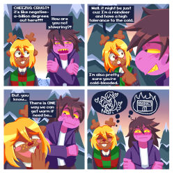  2girls alternate_hair_length alternate_hairstyle animal_ears antlers black_eyes blonde_hair blush brown_hair buck_teeth cardigan checkered_sweater_vest closed_mouth collared_shirt colored_sclera colored_skin colored_teeth commentary_request crossed_arms deer_ears deltarune english_commentary freckles furry furry_female highres horns long_hair long_sleeves looking_at_another multiple_girls noelle_holiday open_cardigan open_clothes open_mouth outdoors purple_cardigan purple_skin reindeer_antlers reindeer_girl robablo sharp_teeth shirt short_hair smug speech_bubble susie_(deltarune) teeth thought_bubble upper_teeth_only utdr_(toby_fox) white_shirt yellow_sclera yellow_teeth yuri 
