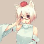  1girl adjusting_glasses animal_ears bespectacled bust detail glasses grey_background hat inubashiri_momiji ite_fuji long_sleeves looking_at_viewer open_mouth red-framed_glasses red_eyes shirt silver_hair simple_background smile solo tokin_hat touhou wide_sleeves wolf_ears 