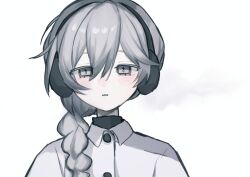  1girl arazan_(ara_arazan24) braid buttons coat collared_coat earmuffs grey_eyes grey_hair hair_between_eyes hair_half_over_shoulder hashtag-only_commentary long_hair parted_lips portrait sekka_yufu simple_background single_braid solo straight-on utau white_background white_coat 