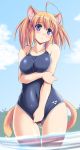  1girl ahoge animal_ears blue_eyes blue_sky blush breasts brown_hair cat_ears cat_tail clothed_navel clouds large_breasts one-piece_swimsuit original short_hair sky solo swimsuit tail tonpuu triforce wading water 