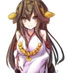 1girl blush breasts brown_eyes brown_hair detached_sleeves fumatake kantai_collection kongou_(kantai_collection) large_breasts long_hair looking_at_viewer simple_background smile solo white_background 