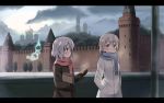  2girls bag blonde_hair blush breath castle coat eila_ilmatar_juutilainen food glastonbury1966 gloves green_eyes hands_in_pockets long_hair multiple_girls offering sanya_v_litvyak scarf short_hair silver_hair strike_witches tonttu tower tree violet_eyes 